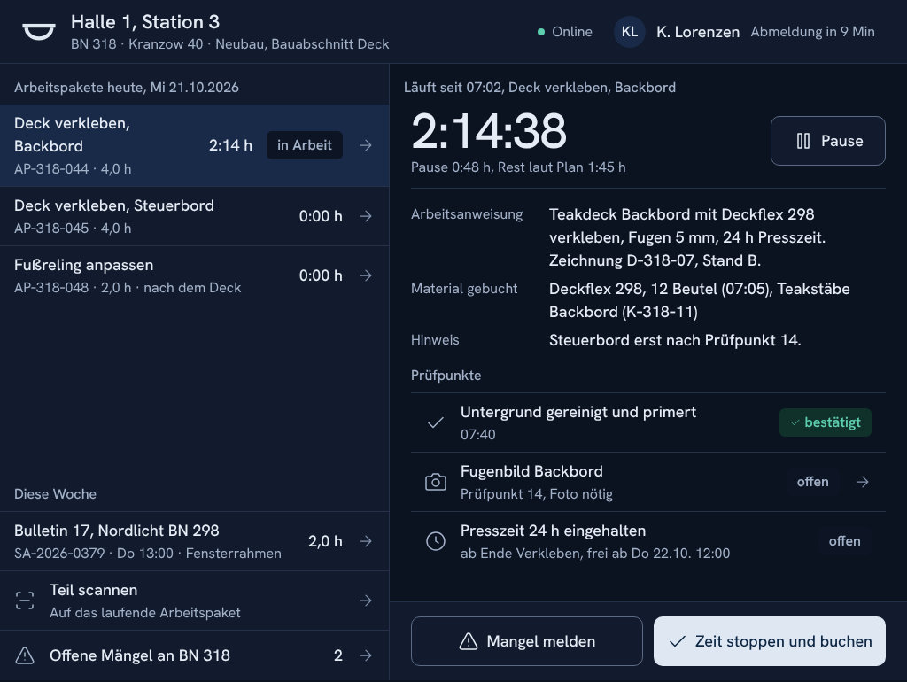 Hallen-App am Arbeitsplatz Halle 1, Station 3: Arbeitspaket Deck verkleben an Baunummer 318 mit laufender Zeit, Arbeitsanweisung, gebuchtem Material und Prüfpunkten