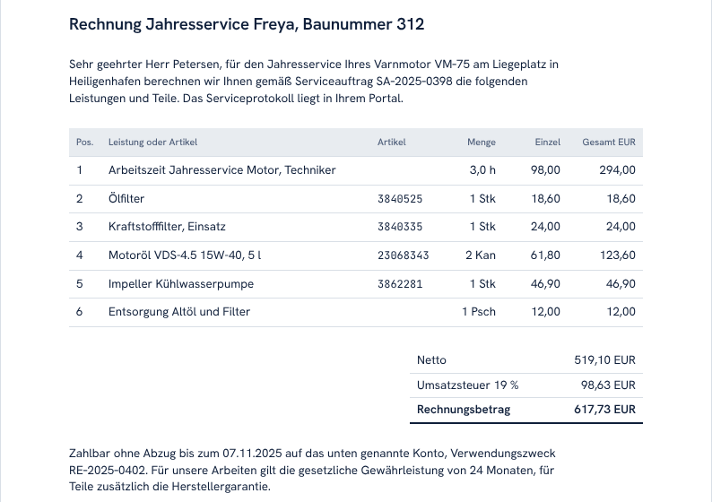 Ausschnitt einer Rechnung für einen Jahresservice mit Positionen, Netto, Umsatzsteuer und Rechnungsbetrag