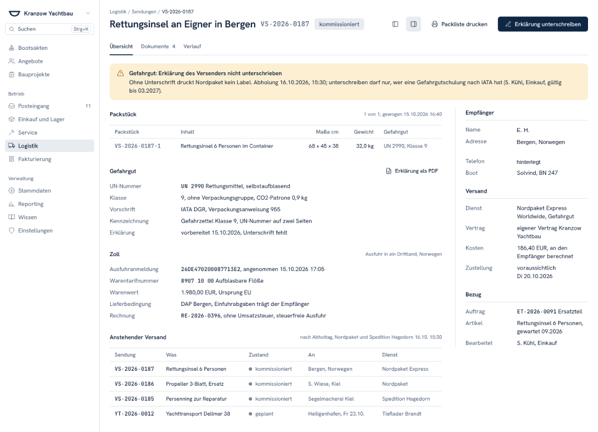Sendung einer Rettungsinsel nach Norwegen mit Packstück, Gefahrgutangaben, Zolldaten und anstehendem Versand
