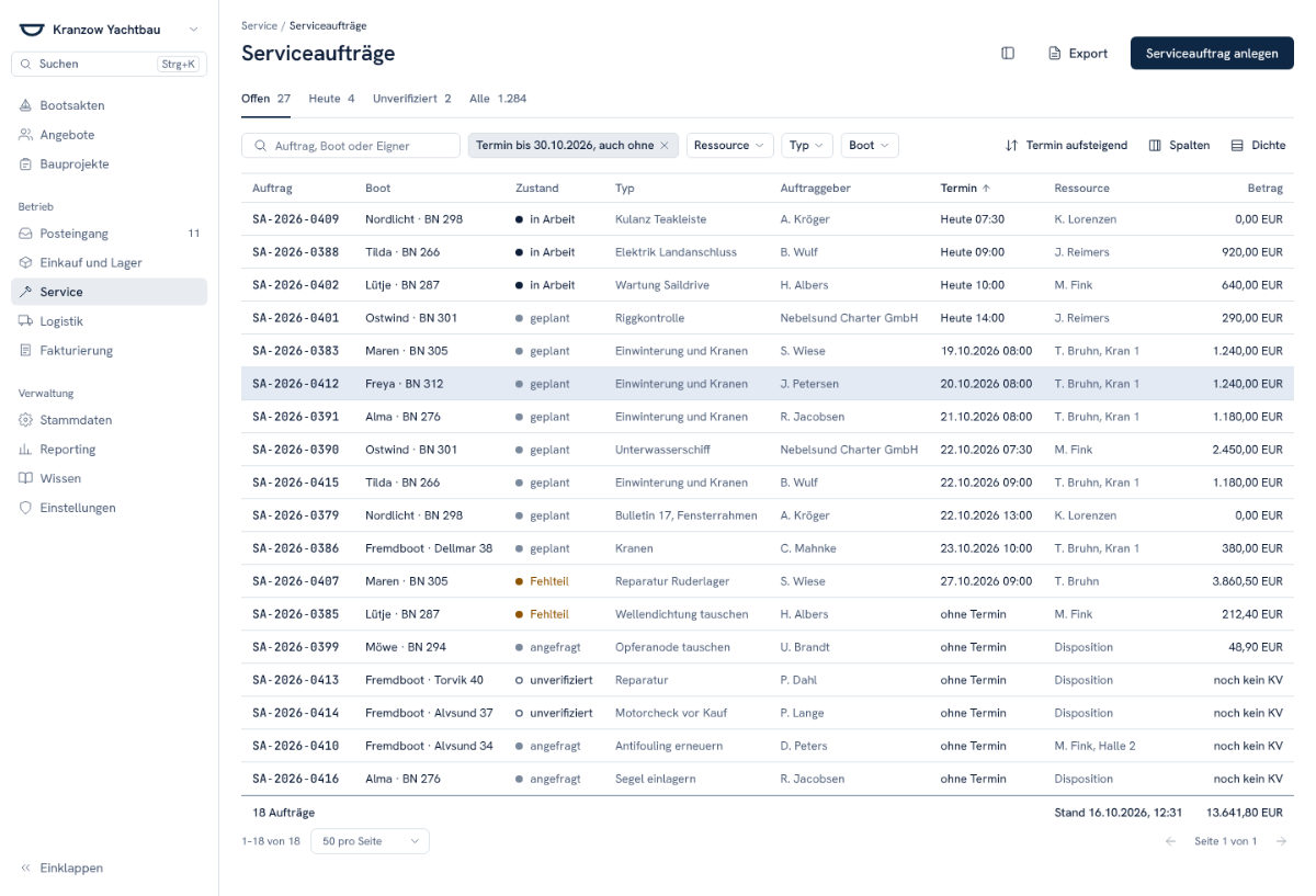Liste der Serviceaufträge mit Boot, Zustand, Typ, Auftraggeber, Termin, Ressource und Betrag